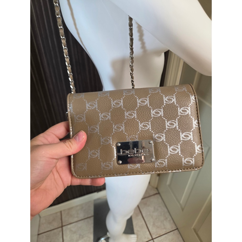 Bebe Los Angeles Taupe Silver Monogram Logo Chain Crossbody Wallet Bag